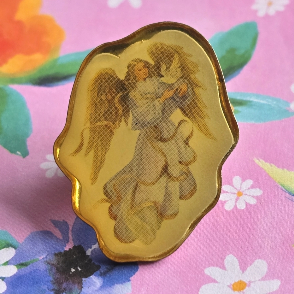 Vintage guardian angel pin pastel gold tone religious catholic Christian